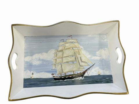 E. Belanger handpainted wooden tray, Clipper Ship, signed, 17.5x26x