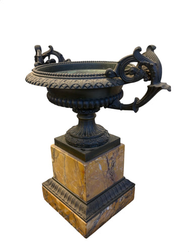 Antique Italian Grand Tour patinated bronze tazza on Siena marble pedestal, 13"