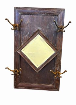 Rustic wood panel w/ hooks and diamond-shape mirror, 15.25x26.5"