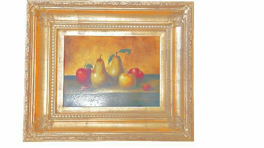 Tradi. Heavy Gold Frame, Black Vase, 2 Green Apples, Gold, signed 22X24"