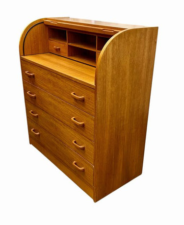1970's mid-century teak rolltop desk, 40.25" h, 35.25" w, 17.5" d