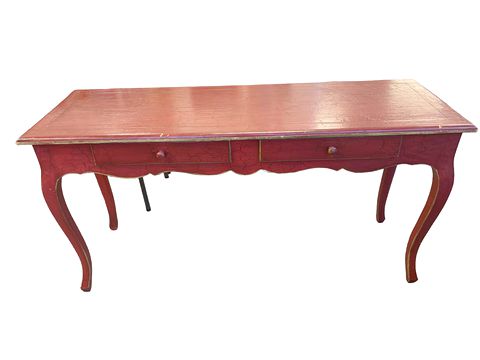 Red lacquer distressed wood console table w/ 2 drawers, 59.25x20x30.25"