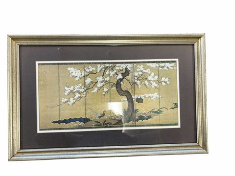 Framed Japanese print of cherry tree, 12x20"