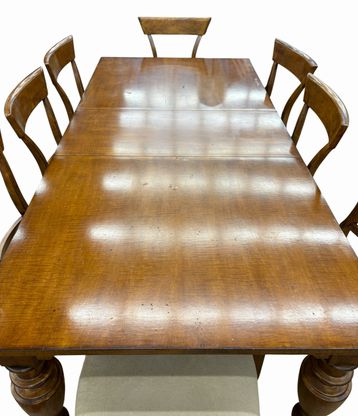 Distressed maple dining table w/ leaf (30" h, 68" l w/out leaf, 21" w) + 8 side