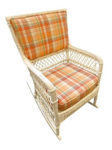 VTG White Wicker Rocker w/Cushions, 24x32x36"
