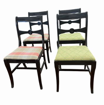 Set of 4 Sheriton-inspired Regency Revival-style black painted dining side chair