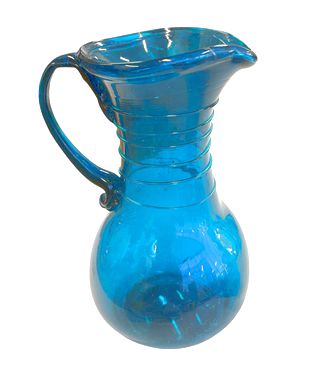Teal blown-glass pitcher (9.75" h) w/ 2 g;asses (3.75" h) on silverplate tray, 9