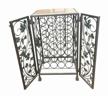 Granite-top wrought-iron wine rack w/ doors, 36.5" h, 21.75" w, 18.5" d
