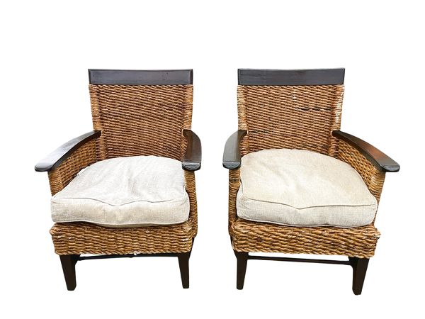 (Pair)Rattan Chairs w/ Cushions, 29x27.5x35"