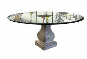 Round glass-top dining table on concrete base & square top, 66" diam., 32" h