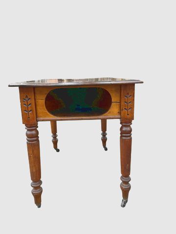 Vintage tavern table w/cut out mug shelves, 31h. 39W. 26.25D