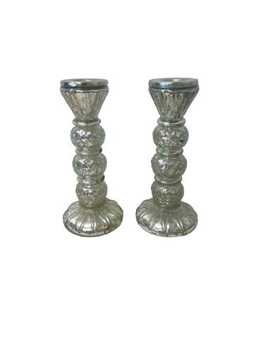 Pair of mercury glass candleholders, 8"H