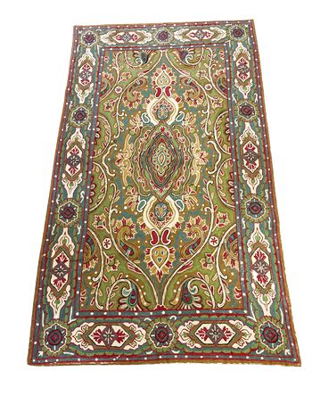 Green/blue/red crewelwork rug, 61x35.5"