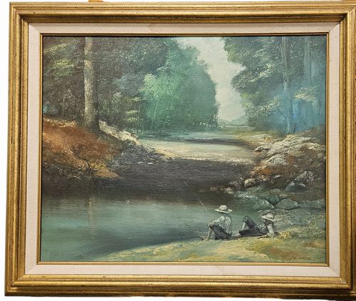 Boys Stream Fishing 20Hx24"W Orig Oil Painting