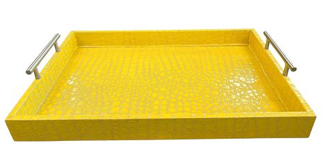Faux yellow alligator skin tray w/ brushed nickel handles, 2" h x 17.75" w x 12"