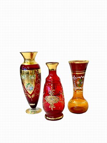 3 Venetian Red Glass Vases,  giilding,flowered 10, 9, 8" s