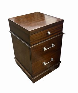 PAIR of dark oak MCM end tables/nightstands w/ chrome hardware, ca. 1952-55, 25.