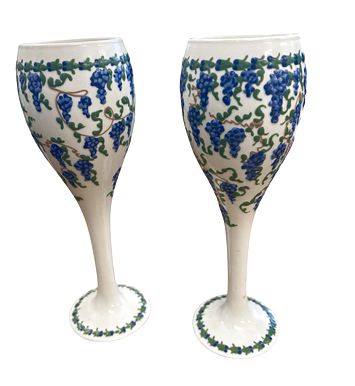 PAIR of handpainted grapevine-motif wine glasses, 9" h