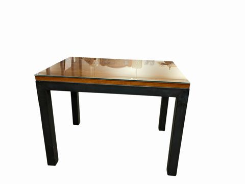 Room & Board metal parsons table w/ cherry wood & glass top, 30x20x22H