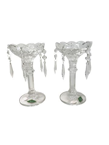 PAIR new Shannon crystal candleholders w/ prisms, 8" h, 4" diam.