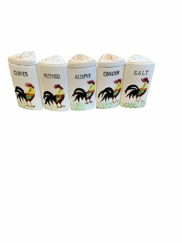 5Pc. Set Of 1950's Spice Jars "Early Provincial Rooster & Roses"4x2" As Is