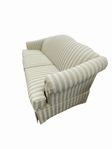 Camel-back 3-seater sofa w/beige & cream stripe upholstery, 35H.78W.30D
