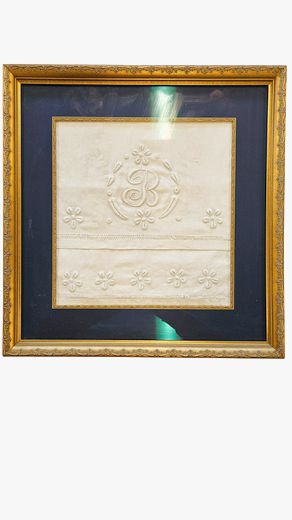 Heirloom Embroidery "B" White on White, Gold Frame 19Hx18"W