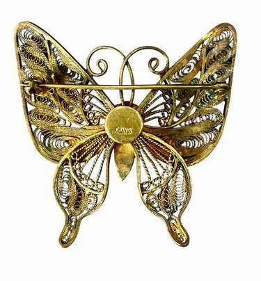 Chinese Vermeil Filigree & Enamel Butterfly Brooch, 2x2 in.