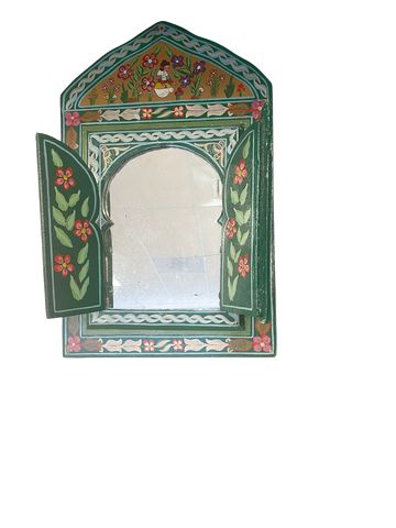 VTG Moroccan hand-painted wooden mirror w/ doors, 16.25x10.5H