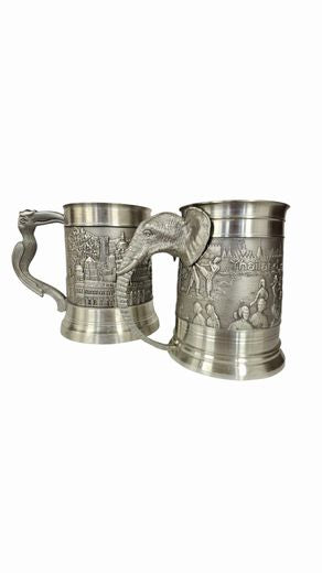 Pair High Relief Pewter Mugs Thailand 6" H approx