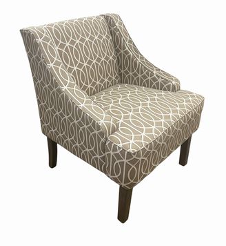 Classic gray swoop-arm accent chair w/ white trellis pattern, 34" x 24.75" x 20.