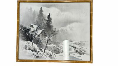 Japanese Framed Print on Silk Winter Landscape 14.5Hx17"W