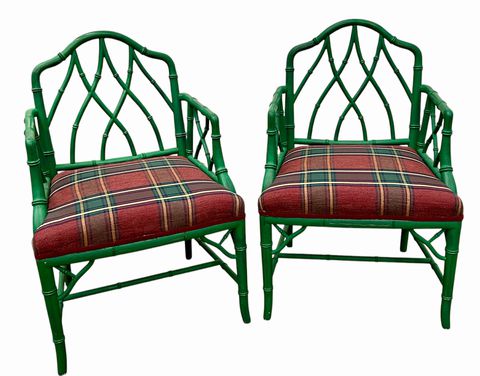 Pair Painted Bamboo Style Armchairs, H. 37 in. x W. 24 in. x D. 20.5 in.