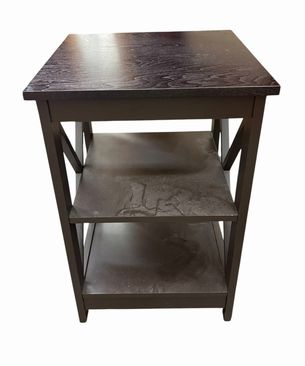 Black 3-tier wood table w/ X side braces, 24" h, 16" w, 16" d