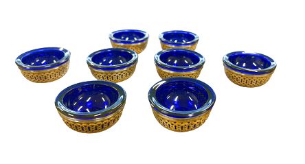 Set of 8 sterling silver salt cellars w/ cobalt blue glass inserts, 1.75" diam.