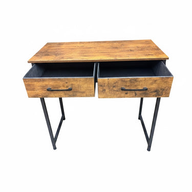 Wood laminate desk on black metal frame w/ 2 fabric shelves, 31.25" h, 31.5" w,