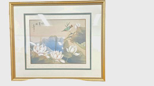 Lotus Flower w Hummingbird Asian Print on Silk, Gold Frame 21"h x 25"W