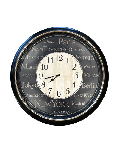 XL Wall Clock - World Cities Motif (Black+Tan, 24"d)