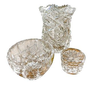 Small cut crystal vase (4.5"), Bleikristall bowl (3.5" diam.), & salt cellar