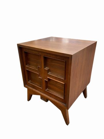 MCM solid wood nightstand w/geometric recessed panel doors, 23.5H. 19.5W. 18D.