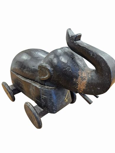Vintage Wooden Carved Wheeled Elephant with Secret Space 9"h x 11"l