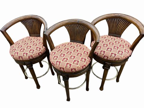 Set of 3 red/gold upholstered swivel/counter ht. barstools, 23x18x37H