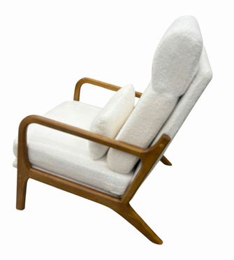 Ivory boucle high-back MCM chair w/ lumbar pillow, 37.5" h, 25.5" w, 19.5" d