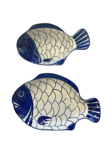 Set of 2 Dansk fish platter& bowl, blue/white, 9.5x5.75, 11.6x7.5