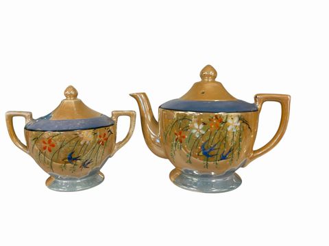 Japanese lusterware teapot and sugar bowl w/ lids