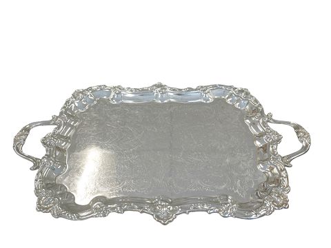 Footed rectangular silverplate tray w/ handles, 24.75x14.5"