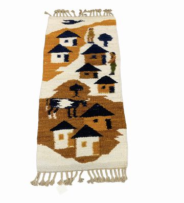 Lesotho Mohair Rug/Hanging Village Huts 52"Lx22"W