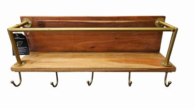 Hardwood shelf w/ goldtone frame & hooks, 23x9"