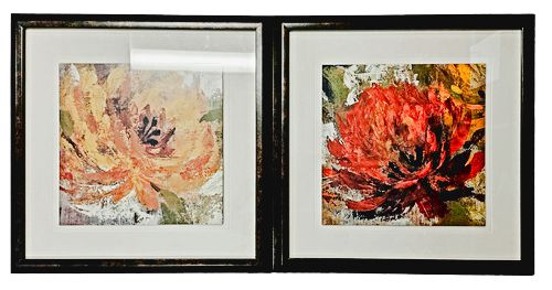 Pair Warm Hues, Floral Abstract Prints 19"Sq.