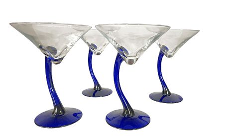 Set of 4 Blue Stemed Contemp Martini Glasses 7"